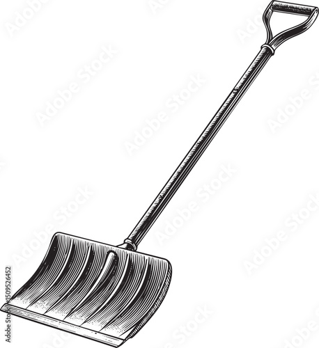 detailed black and white depicts a snow shovel standing upright.