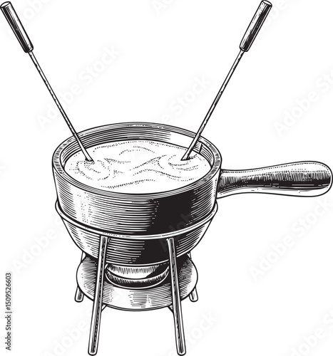vintage black and white depicts a heated fondue pot with two wooden paddles.