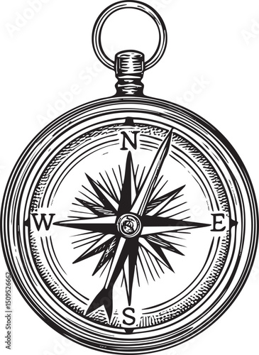 detailed black and white compass points towards the north.