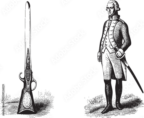 stately man stands beside a decorative flintlock pistol.