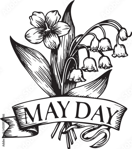 black and white depicts a cluster of lilies of the valley and daffodils arranged on a ribbon with ‘May Day’ written across it.