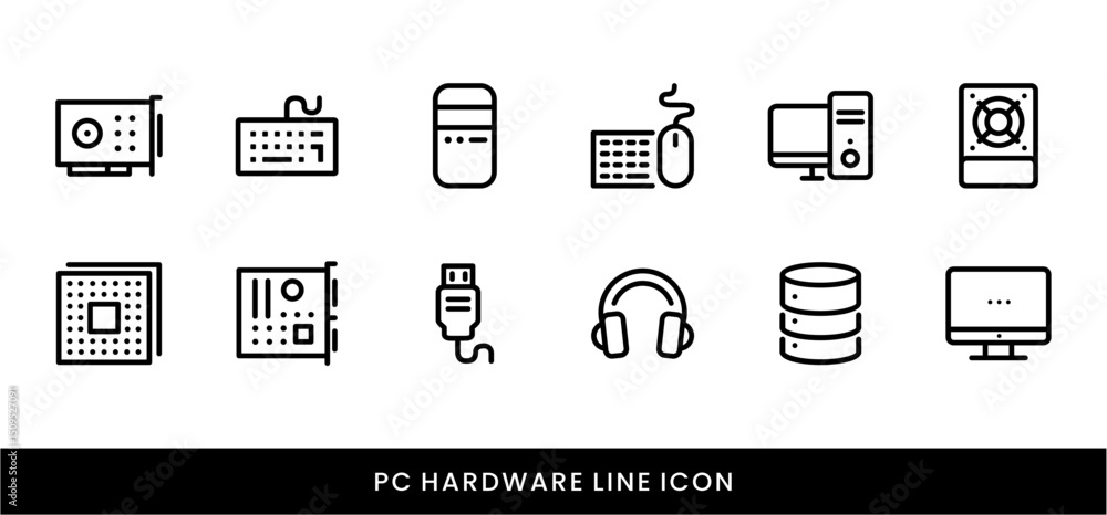 Computer Hardware Line Icon Set Device, Technology, PC Components, Server, and Electronics icon Computer Hardware Line Icon Set Device, Technology, PC Components, Server, and Electronics icon