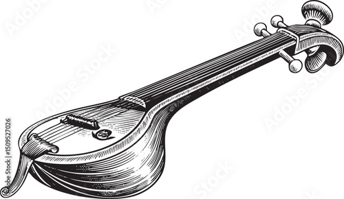 detailed black and white of a tanbur a long-necked stringed instrument.
