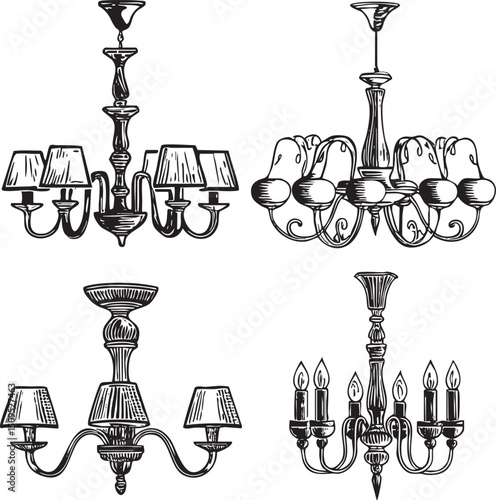 Four diverse antique-style chandeliers are depicted in a black and white .
