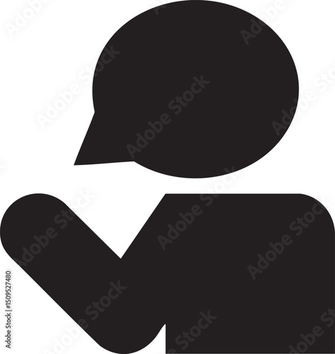 silhouetted figure gestures with a speech bubble.