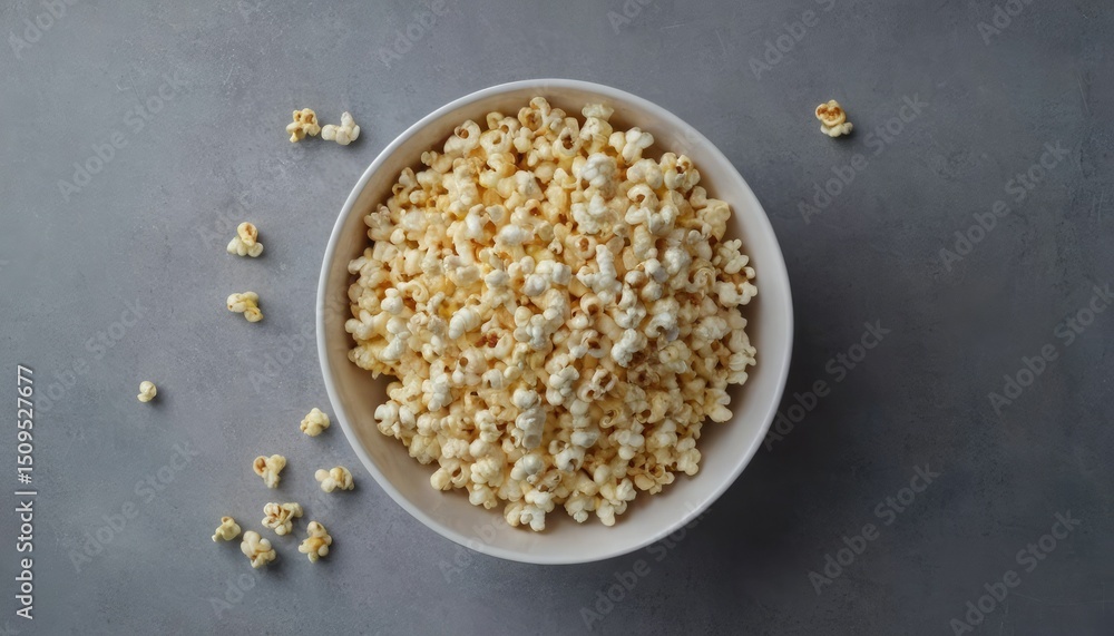 Overhead View of Buttery Popcorn in White Bowl on Grey Background. 1 Overhead View of Buttery Popcorn in White Bowl on Grey Background. 1