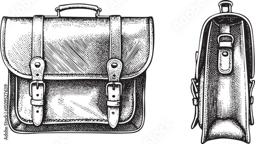 Two black leather satchels are displayed in profile.