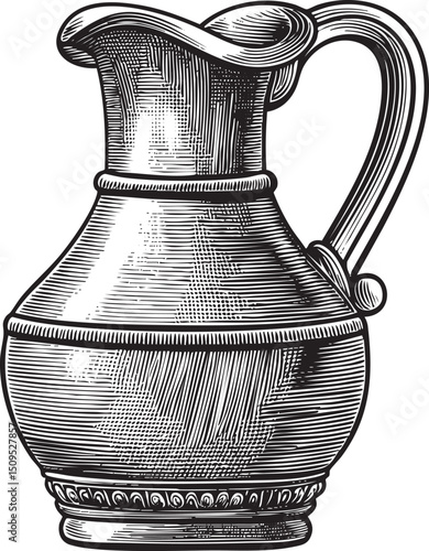 vintage stoneware pitcher rests on a wooden surface.
