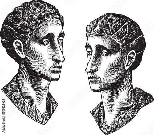 Two facing sculpted heads display classical features.
