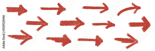 Grunge chalk textured bold thick arrows set. Paint brush stroke pointer. Pencil charcoal freehand right direction. Scribble sketchy symbols. Doodle hand drawn isolated vector illustration