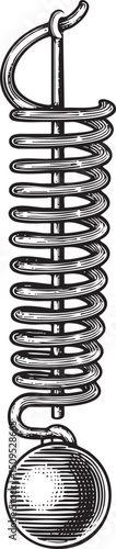black and white depicts a coiled spring suspending a spherical ornament.