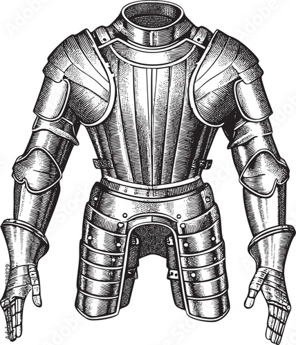 detailed black and white engraving depicts a full suit of medieval armor.