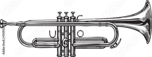 detailed black and white of a gleaming trumpet.