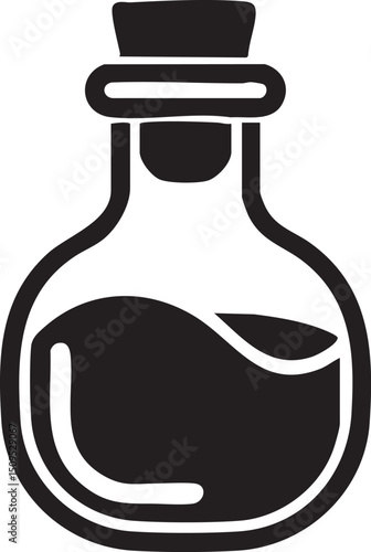 black glass bottle with a cork stopper holds dark liquid.