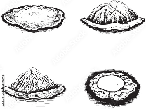 Four stylized black-and-white illustrations of seashells and mountainous landforms.
