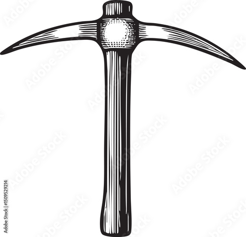 black and white pickaxe rests on a textured surface.