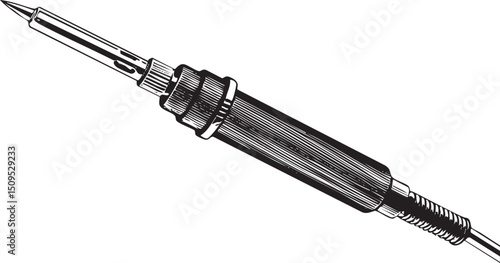 black soldering iron rests on a white background.