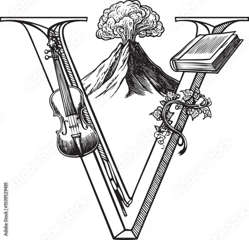 violin and trombone form a stylized letter 'V' supporting a book and an erupting mountain.