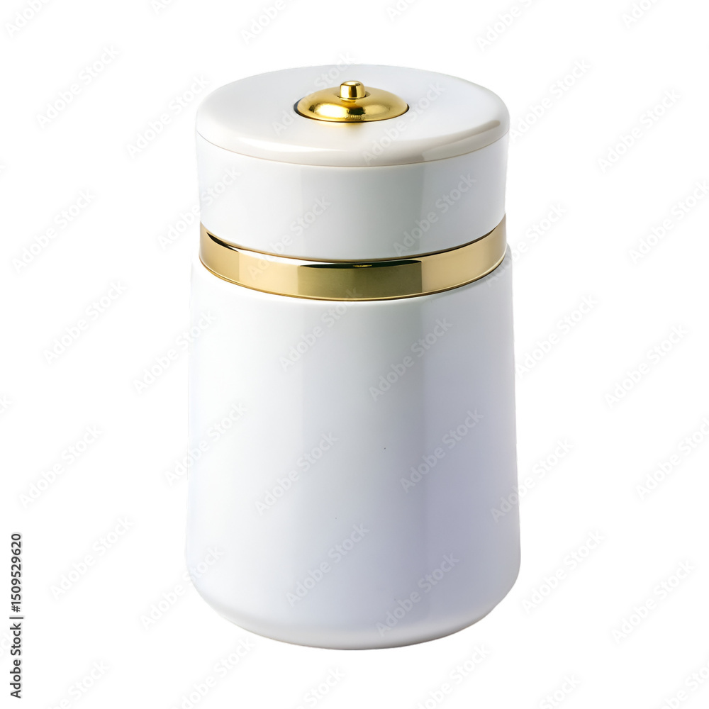 Matte white ceramic spice grinder cylindrical gold crescent emblem smooth minimalist kitchenware Matte white ceramic spice grinder cylindrical gold crescent emblem smooth minimalist kitchenware