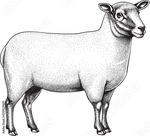 solitary sheep stands attentively against a stark white background.