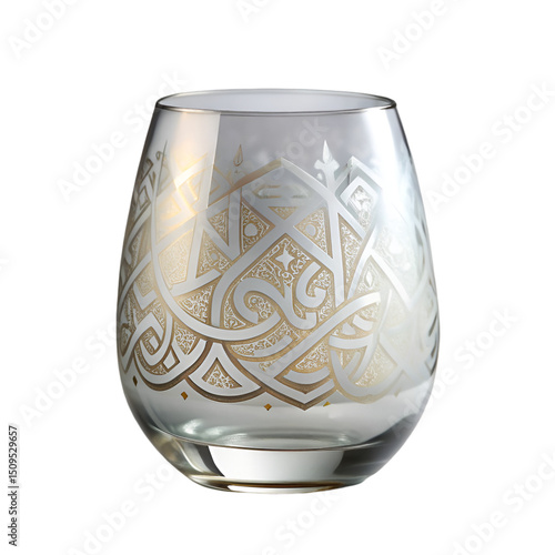 Round glass water cup Arabic calligraphy frosted subtle crescent design refined modest
