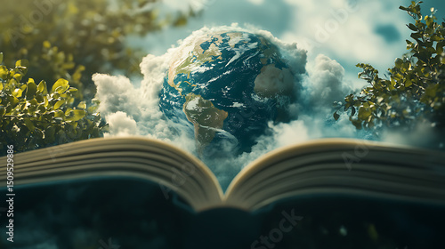 Fototapeta Naklejka Na Ścianę i Meble -  An open book reveals a view of Earth surrounded by clouds and greenery, symbolizing knowledge and nature.