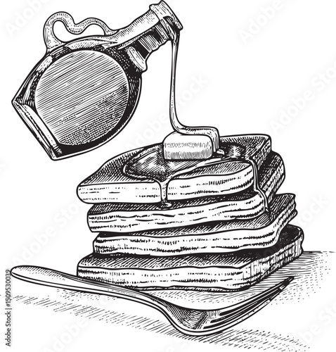 stack of pancakes receives a generous pour of syrup from a decorative ladle.