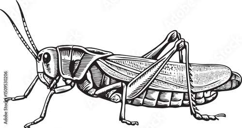 detailed black and white of a large grasshopper poised on a blade of vegetation.