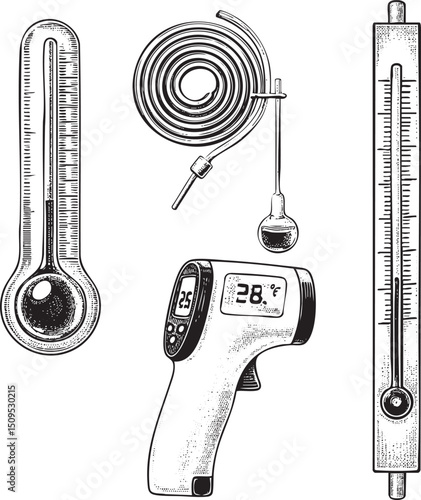 collection of scientific instruments is displayed on a white background.