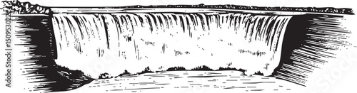 dramatic waterfall cascades over a rocky cliff into a wide river.