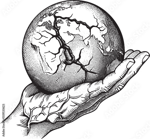 weathered hand cradles a cracked globe symbolizing fragility and vulnerability.