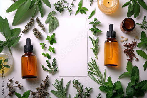 A flat lay composition of herbal leaves, amber dropper bottles, candles and essential oils arranged around a blank white card. The natural elements evoke a sense of wellness, aromatherapy and healing.