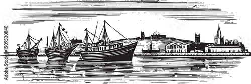 Two sailing vessels navigate a calm harbor near a historic cityscape.
