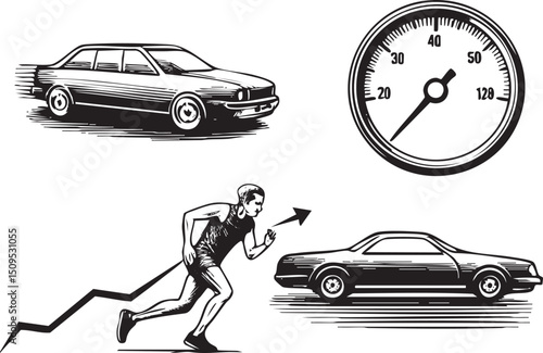man sprints alongside a car speeding up a hill.