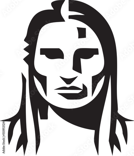 stylized portrait of a man with dark hair and facial markings.