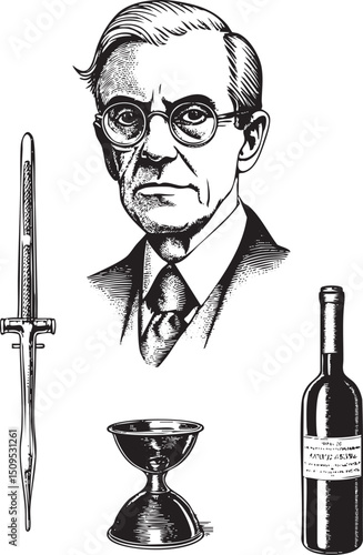 distinguished man in spectacles contemplates a wine bottle and writing implement.