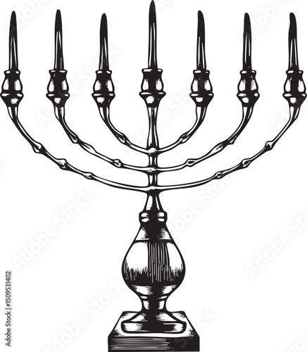 metallic candelabrum with seven ornate branches and candle-like spires.