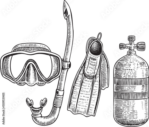 sketch depicts diving equipment including a mask snorkel fins and scuba tank.