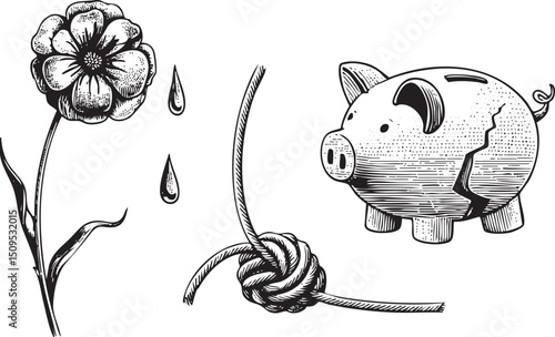 broken piggy bank is tethered to a flower amidst a tangled knot.