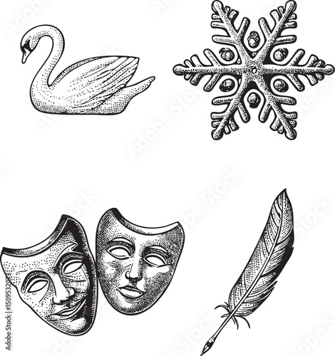 graceful swan stands beside a detailed snowflake and two expressive masks.