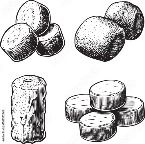 Several cylindrical objects are arranged in varying states of cut and whole.