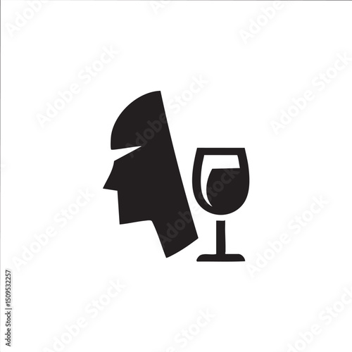 stylized black head silhouette rests beside a wine glass.