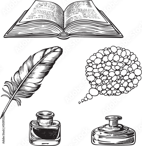 open book rests alongside a quill and inkwell on a white background.