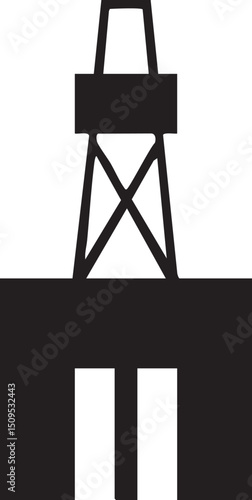 tall black oil derrick stands against a white background.