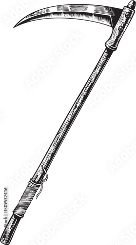 vintage reaping tool rests vertically against a dark surface.