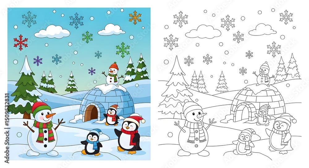 Fototapeta premium Winter Cartoon Scene Snowmen and Penguins