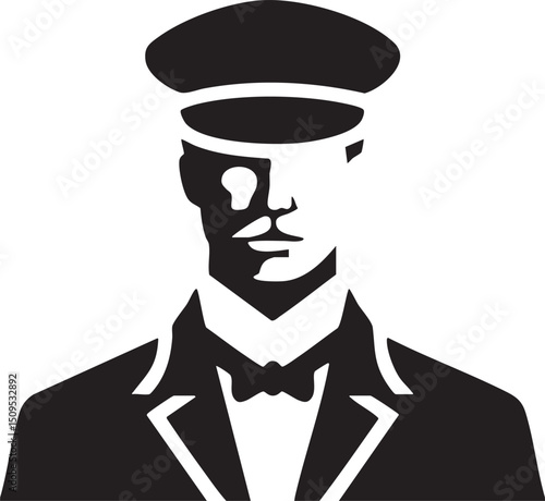 silhouetted man with a single eye and a peaked cap.