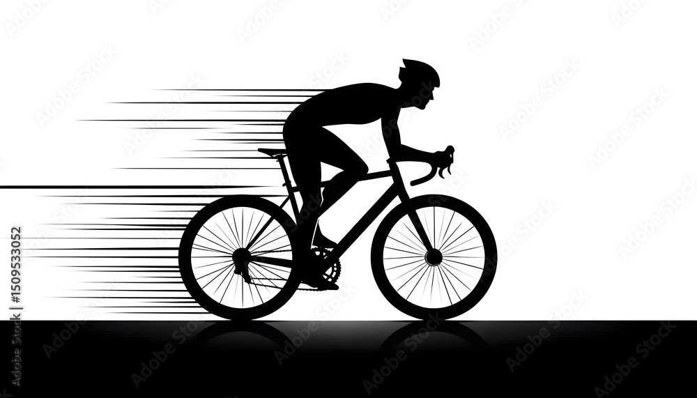 Fototapeta premium Minimal black silhouette of a cyclist in motion on a clean white background with subtle lines and modern vector style