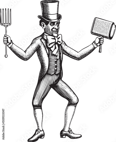 man in formal attire holds a fork and a whisk with an expressive face.