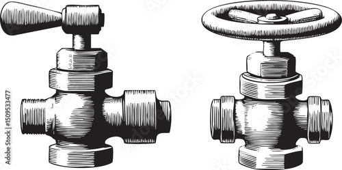 Two metal valves with handles are displayed against a white background.